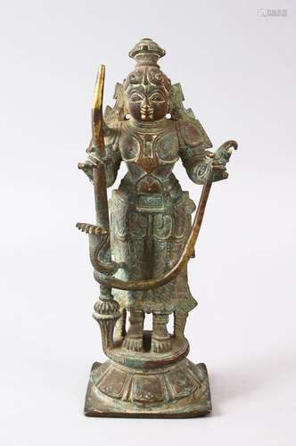 A FINE 17TH / 18TH CENTURY INDIAN BRONZE FIGURE OF RAMA, holding a staff with a snake, 21cm high,