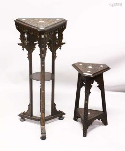 TWO 19TH CENTURY ISLAMIC INLAID TABLES, both with mother of pearl inlays and carved foliate