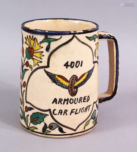 AN UNUSUAL JERUSALEM ARMINIAN GLAZED POTTERY TANKARD, Painted with floral spray and a panel of