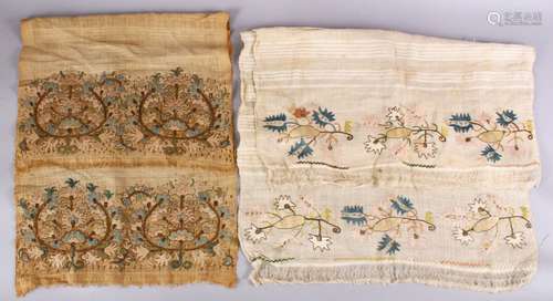 TWO EARLY 19TH CENTURY TURKISH HAMAN TOWELS - TEXTILES, embroidered with floral design,