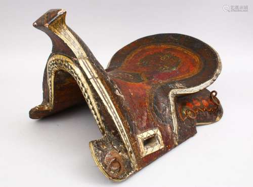 AN EARLY OTTOMAN OR CENTRAL ASIAN PAINTED AND LACQUERED BONE INLAID SADDLE, 42cm x 33cm.