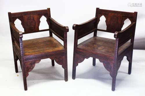 A GOOD PAIR OF 19TH CENTURY JEWISH JUDAICA CARVED WOOD ARM CHAIRS, carved with the star of David and