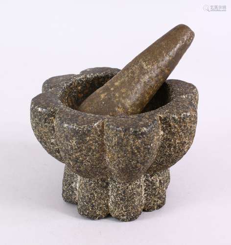 AN EARLY ISLAMIC POSSIBLY ANDALUSIAN HISPANO MORESQUE STONE PESTLE AND MORTAR, mortar: 8.5cm 11.