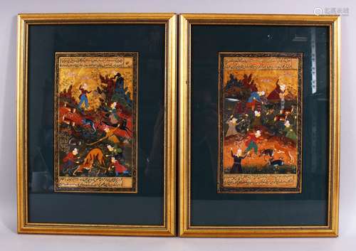 A GOOD PAIR OF 19TH / 20TH CENTURY INDIAN FRAMED MUGHAL MINIATURES, each depicting scenes of figures