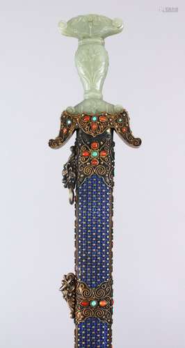 A VERY FINE 19TH CENTURY CHINESE ENAMEL SILVER SHORT SWORD, inset with coral and turquoise stones,