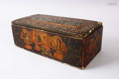 A 19TH CENTURY PERSIAN QAJAR PAINTED AND LACQUERED BOX WITH MOSAIC INLAID LID, decorated with panels