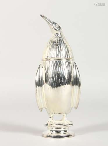 A SILVER PLATED PENGUIN SUGAR CASTER. 7.5ins high.