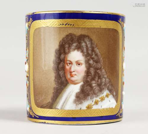 A SMALL 19TH CENTURY SEVRES MUG, jewelled and painted with a portrait of Louis XIV, on a blue