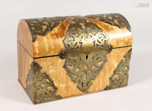 A VICTORIAN BRASS BOUND DOMED TOP HUNGARIAN ASH STATIONERY CASKET with fitted interior. 8.5ins