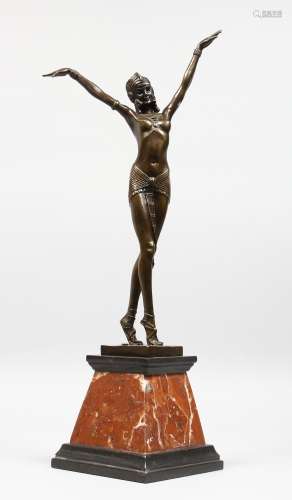 AN ART DECO STYLE BRONZE OF A DANCER on a tapering square marble base. 22ins high.