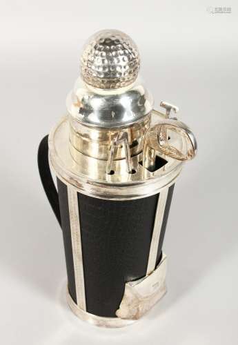 A NOVELTY SILVER PLATE AND LEATHER GOLDFISH COCKTAIL SHAKER. 12ins high.