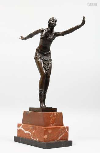 AN ART DECO STYLE BRONZE OF A DANCER on a stepped marble base. 19ins high.