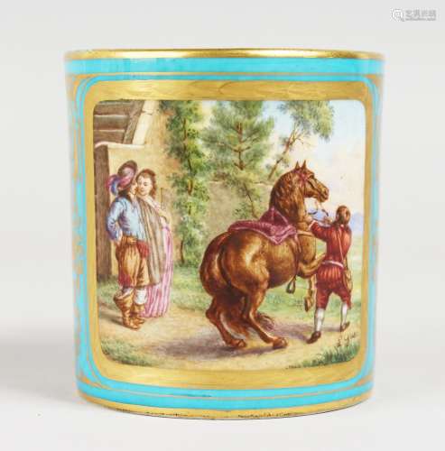 A SMALL LATE 18TH/EARLY 19TH CENTURY SEVRES MUG, painted with three landscape panels.