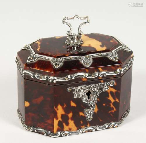 A VERY GOOD SMALL SILVER MOUNTED TORTOISESHELL TEA CADDY of long hexagonal shape, with hinged top