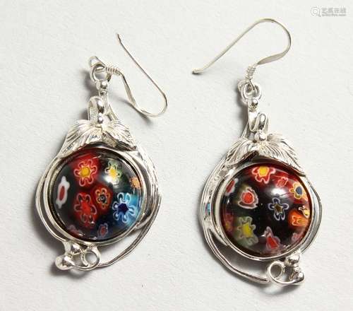 A PAIR OF SILVER AND MILLEFIORI STYLE EARRINGS.