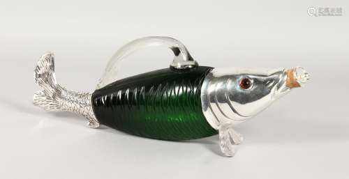A NOVELTY GREEN GLASS FISH SHAPED CLARET JUG with plated mounts. 13ins long.