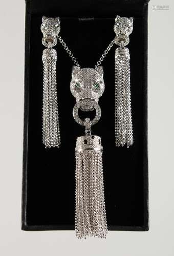 A SILVER CARTIER STYLE PANTHER NECKLACE AND EARRINGS.