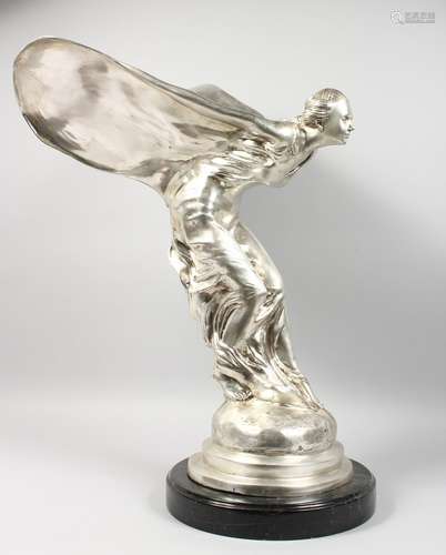 A LARGE AND IMPRESSIVE SILVERED BRONZE MODEL OF THE SPIRIT OF ECSTASY, on a marble base. 31ins