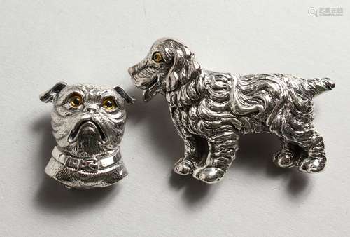 TWO SILVER DOG BROOCHES.