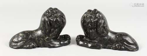 AN EARLY PAIR OF CAST IRON LIONS. 5.5ins long.