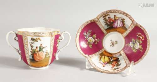 A DRESDEN TWO-HANDLED CUP AND SAUCER with panels of figures and flowers.