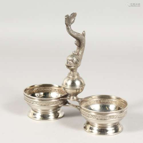 A FRENCH SILVER DOUBLE SALT with dolphin handle.