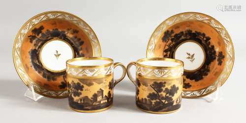 A DARTE FRERES PAIR OF COFFEE CANS AND SAUCER, the can with typically shaped handles painted en-