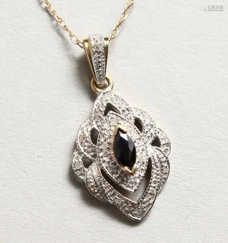 A 9CT GOLD, SAPPHIRE AND DIAMOND PENDANT AND CHAIN.