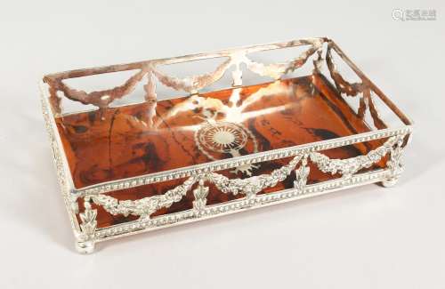A SILVER PLATE AND FAUX TORTOISESHELL TRAY. 9ins long.