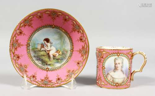 A GOOD SEVRES PINK GROUND CUP AND SAUCER, the cup painted with three portraits of ladies,