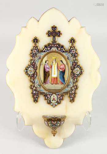 A SUPERB RUSSIAN CHAMPLEVE ENAMEL AND ONYX STOOP, inset with an oval porcelain panel. 18ins long.