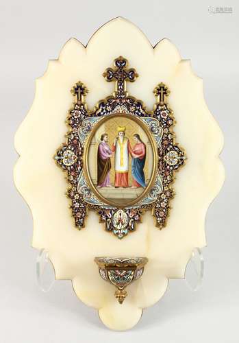 A SUPERB RUSSIAN CHAMPLEVE ENAMEL AND ONYX STOOP, inset with an oval porcelain panel. 18ins long.