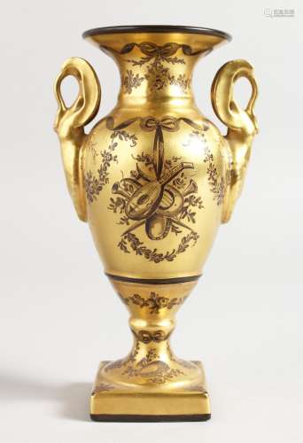 A LATE 19TH CENTURY PARIS PORCELAIN VASE heavily gilded and enamelled in black with musical