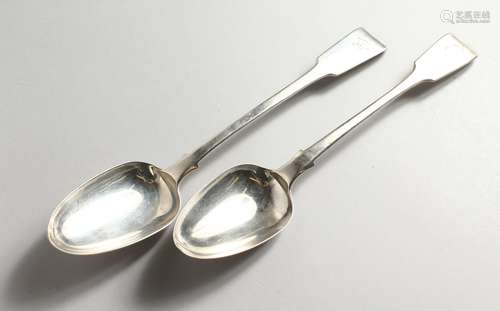 TWO SILVER BASTING SPOONS, London 1828 and 1833. Maker WB. 12ins long.