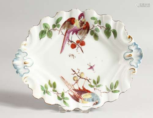 A CHELSEA SILVER SHAPED OVAL DISH painted with birds, red anchor mark.