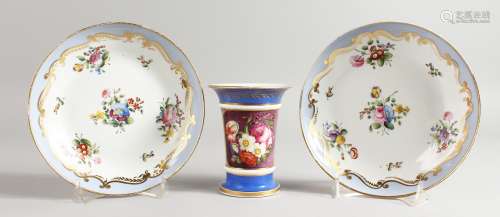 A SPODE PAIR OF SAUCER SHAPED DISHES finely painted with flowers, pattern no. 2236, and a bead spill