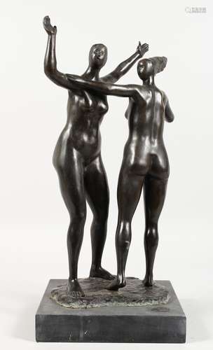 A PAIR OF BRONZE STANDING FEMALE NUDES, arms outstretched, on a marble base. 18.5ins high.