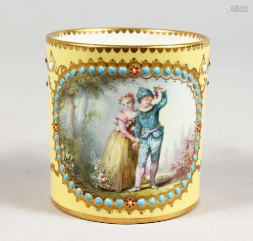 A GOOD SEVRES YELLOW GROUND CAN painted with panel of a boy and girl with turquoise bead decoration.