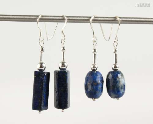 TWO PAIRS OF SILVER AND LAPIS EARRINGS.
