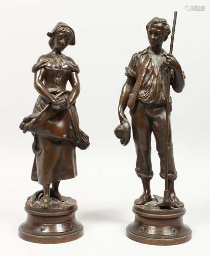 ADRIEN GAUDEZ (1845-1902) FRENCH LANGELUS & L'ANGELUS. A VERY GOOD PAIR OF BRONZE FIGURES on