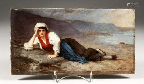 M. VINCENT A GOOD PORCELAIN PLAQUE of a young lady laying beside the beach. Signed. 6ins x 12ins, in