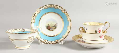 A GRAINGER'S WORCESTER TURQUOISE GROUND TEACUP AND SAUCER painted with landscapes, printed mark to