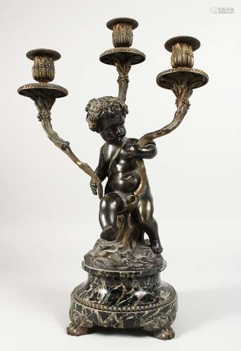 A GOOD 19TH CENTURY FRENCH BRONZE AND ORMOLU THREE BRANCH CANDELABRA formed as a cupid holding three