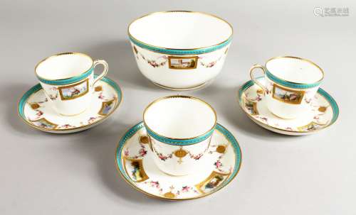 THREE MINTON CUPS AND SAUCER AND A MATCHING BOWL painted with landscapes in rectangular panels