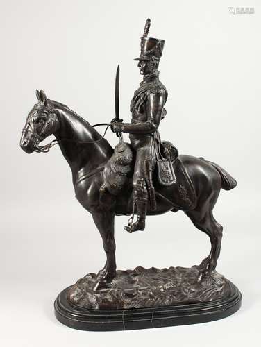 J. R. SKEAPING (1901-1980) ENGLISH A BRONZE GROUP OF A FRENCH HUSSAR ON HORSEBACK, on a marble base.