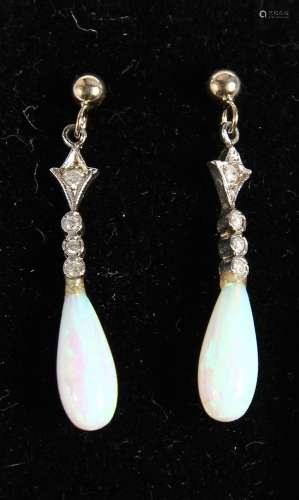 A PAIR OF 9CT GOLD, OPAL AND DIAMOND DROP EARRINGS.