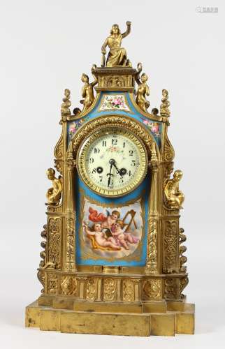A GOOD LOUIS XVI GILT METAL AND SEVRES MANTLE CLOCK with Sevres panels, cupids and flowers, the case