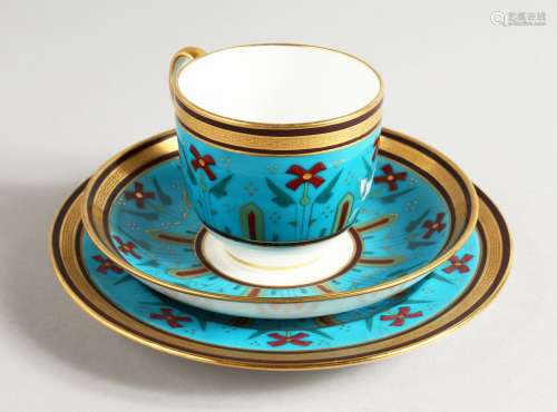 A SUPERB MINTON COFFEE CUP, SAUCER AND SIDE PLATE painted in the style of Sir Christopher Dresser.