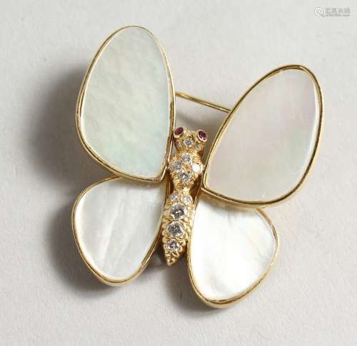 A GOLD, MOTHER-OF-PEARL AND DIAMOND BUTTERFLY BROOCH.