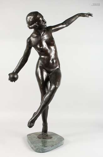 A GOOD LARGE ART DECO STYLE FIGURE OF AN ATHLETIC FEMALE NUDE, holding a ball in her right hand.